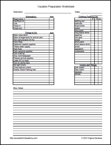 Vacation Planning Worksheets | Proverbs 22:6 Academy